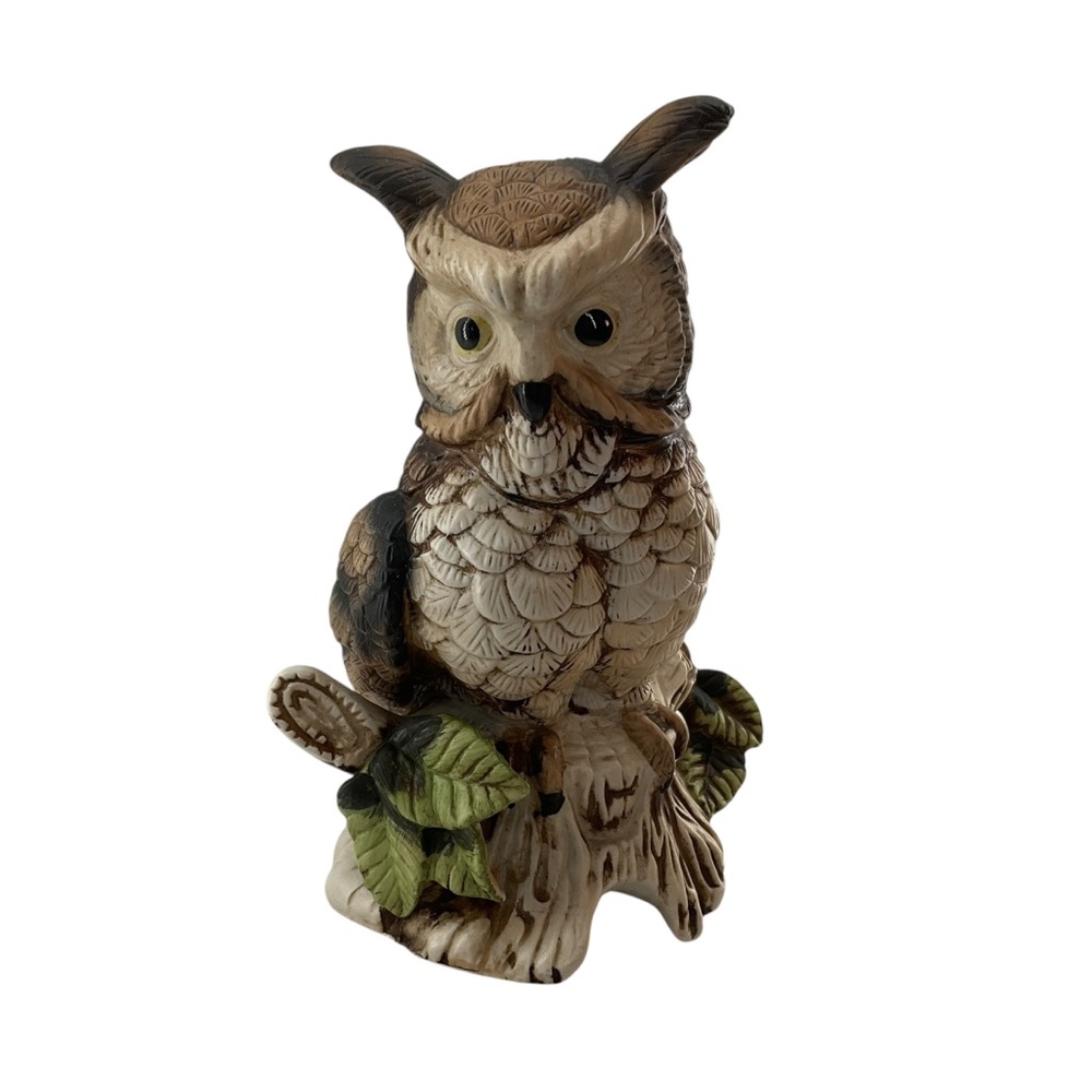 MCM VINTAGE OWL Decorative Ceramic Great Horned Owl Leaf Details Stump Brown +